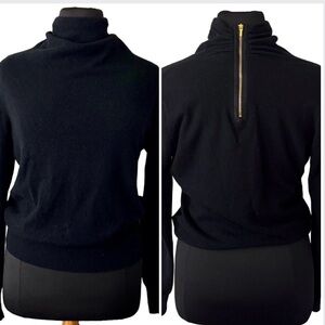 Tory Burch 100% Cashmere Black Sweater Luxury Gold Tone Back Neck Zip size L